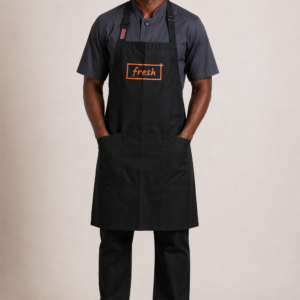 BAKERY Black Bib Apron with Orange Fresh Logo Printed on Centre Chest