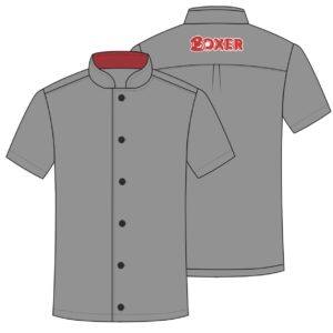 Unisex Short Sleeve Grey Chef Jacket with Red Inner Collar and Embrodiered Logo on Back