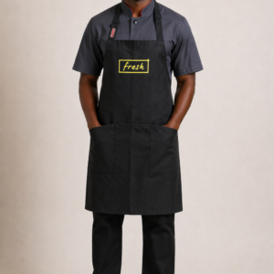DELI Black Bib Apron with Yellow Fresh Logo Printed on Centre Chest