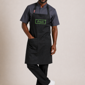 FRUIT and VEG Black Bib Apron with Green Fresh Logo Printed on Centre Chest