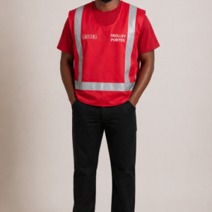Trolley Porter Bib in Red with Reflective Tape and Print Logos Unisex