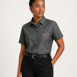 Ladies Short Sleeved Charcoal Chambray Blouse